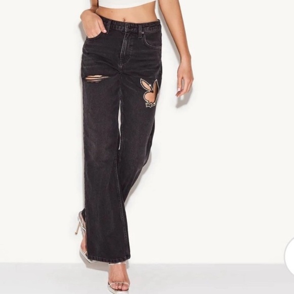 NWT Playboy High Rise Wide Leg Jeans Rhinestone Bunny Cut Out Sz 29 - Picture 4 of 16